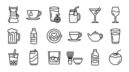 Minimalist beverage line icon set featuring coffee, tea, juice, smoothie, cocktail, wine, beer, water, latte art, espresso, teapot, boba, soda, whiskey, matcha, kombucha, and coconut water icons.