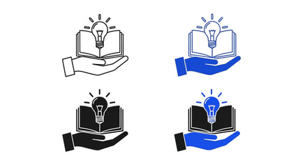 Vector illustration depicting a hand holding an open book with a glowing lightbulb, symbolizing the ignition of new ideas, knowledge acquisition, and the essence of education and innovation