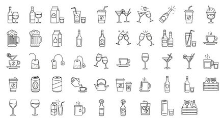 Set of various beverages and drinkware icons, including alcoholic and non-alcoholic options, presented in a clean line art style for versatile design applications