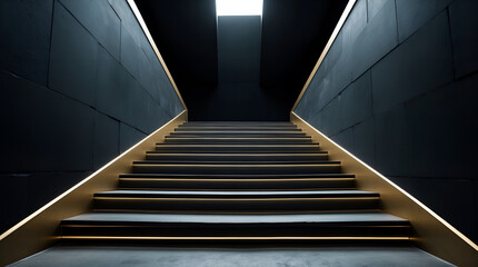 Obraz premium Black stone staircase with gold trim leading upwards into darkness, success and career growth concept