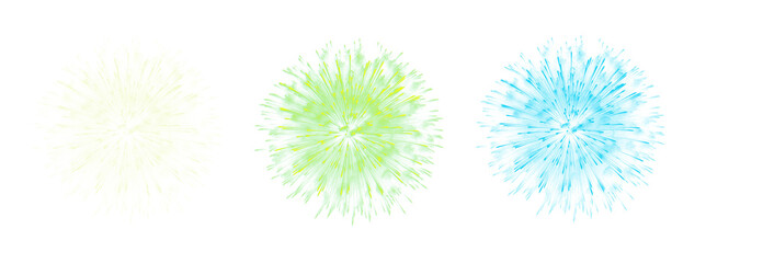 Abstract fireworks burst elements featuring yellow, green, and blue glowing sparks on a transparent PNG background, ideal for festive and creative design projects.