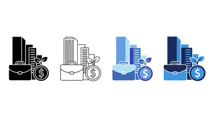 Financial growth icons representing business investment with briefcase and plant sprouts next to skyscrapers