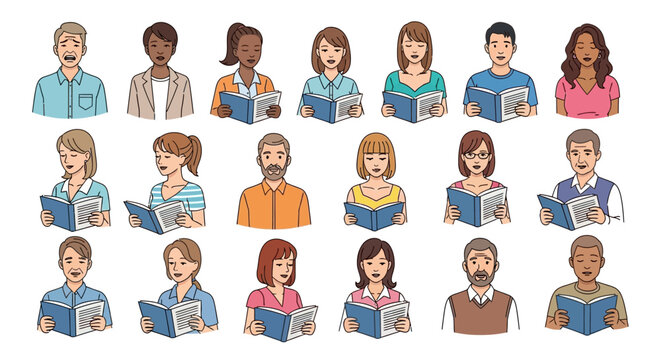 Diverse vector illustration set of individuals reading books and singing from sheet music, depicting various ages and ethnicities engaged in educational and recreational activities