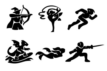 Fantasy Athlete Icons. Solid vector icons of fantasy athletes: wizard archer, fairy gymnast, elf runner, dragon surfer, mermaid