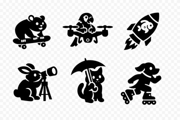 Pet Enthusiast Icons. Solid vector icons of pet enthusiasts: hamster skateboard, parrot drone, goldfish rocket, rabbit telescope,