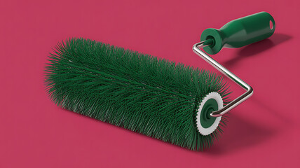Conceptual Paint Roller with Green Grass-like Bristles on Vibrant Magenta Background