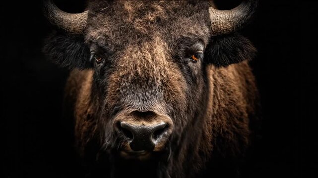Close up of a majestic bison head with dark fur against black background