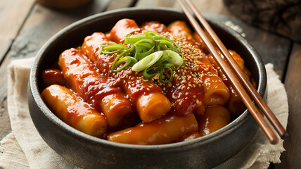 Authentic Tteokbokki: Close-Up of Delicious Korean Spicy Rice Cakes in a Bowl with Chopsticks