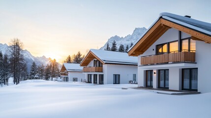 Snowy Alpine Modern Homes at Sunrise, Architecture, Real Estate, Luxury Winter Holidays, Mountain View, Property, Snow
