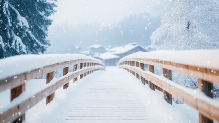 Fototapeta premium Snowy Bridge Pathway A winter wonderland scene with a wooden bridge, snow-covered trees and falling snowflakes, inviting a peaceful journey. Winter, Snow, Peaceful, Tranquil, Serene