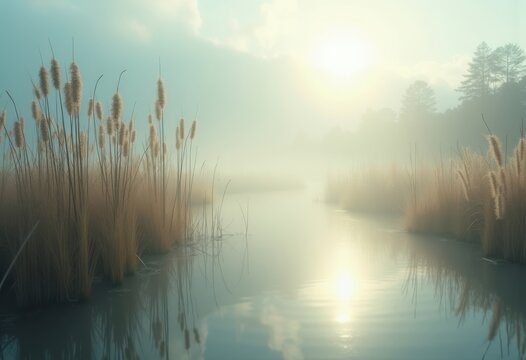 Ethereal Cattails Swaying in Misty Marshlands Beneath Hazy Fog and Whispering Breezes