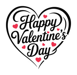Valentines Day Heart with Happy Valentines Day Text, Love Illustration, Heart Shape and Red Hearts, Black and White Design