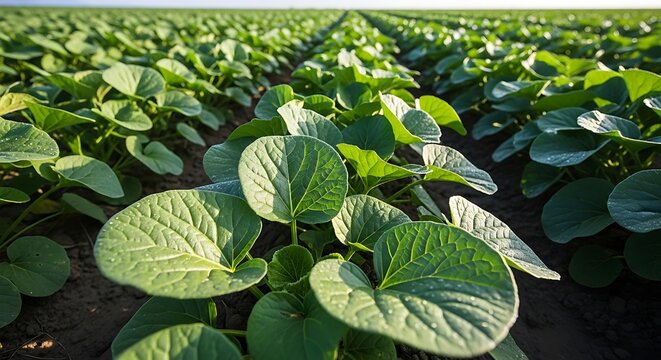 Lush green crops with large healthy leaves growing in neat rows across a vast agricultural field under a clear sky, symbolizing sustainable farming and natural growth.