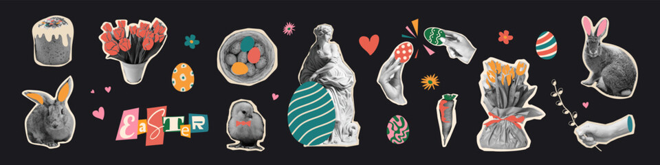 Vintage collage collection with Easter motifs. Retro spring holiday stickers featuring bunny, eggs, chick, blooming flowers and bird nest. Vector elements for seasonal design, cards, posters, scrapboo © Loya.art
