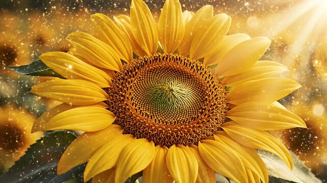 Beautiful sunflower in full bloom with bright yellow petals and a brown center, sunlight.