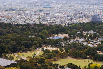 Fototapeta premium Nara, Japan, Nara Park landscape, Nara city view with buddhist temples and shinto shrines, Nara prefecture, Kansai, Japan, travel to Japan