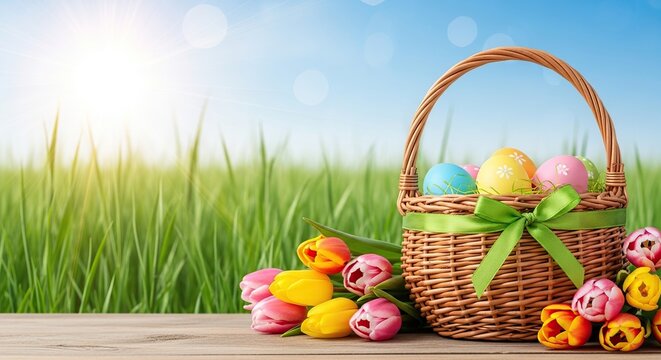 Easter sunday celebration with colorful eggs and basket in green grass