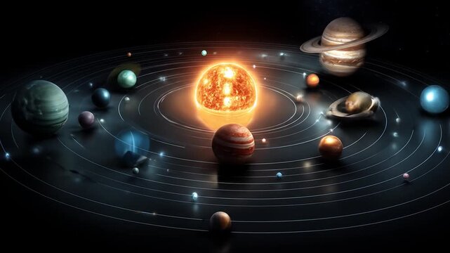 Solar system illustration planets orbiting a central star in deep space