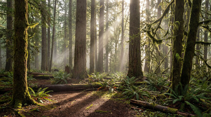 Obraz premium Serene forest landscape with sunlight filtering through tall trees