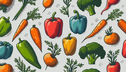 Fototapeta premium a colorful seamless vector pattern showing a set of fresh vegetables like tomato carrot pepper and broccoli for healthy food designs