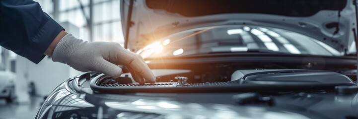 Auto mechanic's hands in gloves, car hood, auto repair shop