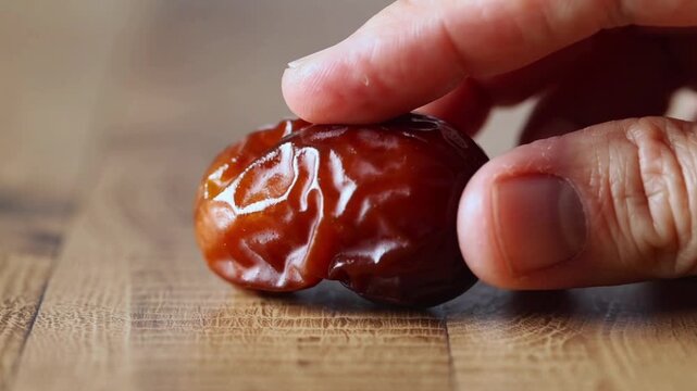 Finger pressing down on a single, smooth date on a wooden surface fruit