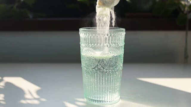 pouring and mixing collagen powder in a glass of water