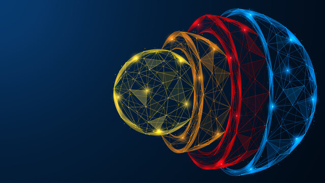 Structural layers of the Earth. The inner core, mantle, and outer shells of the planet. Low-poly design of interconnected lines and dots, blue background.