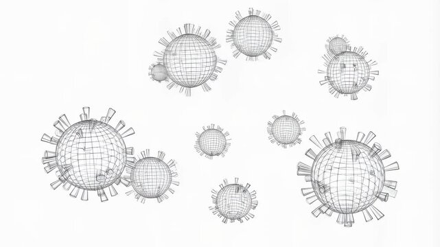 3D wireframe representation of viruses floating in space. Visualizing microscopic pathogens for educational and scientific purposes