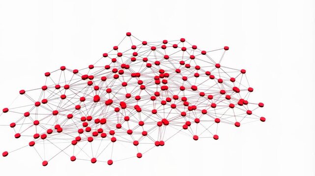 Abstract network visualization with interconnected red nodes on a white background. Represents data connectivity, technology, and digital communication networks