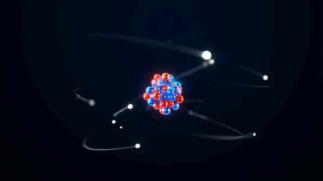 Animated atomic model showcasing electrons orbiting a nucleus. Visual representation of atomic structure and fundamental science concepts