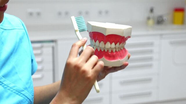 Dental hygienist demonstrating proper brushing technique