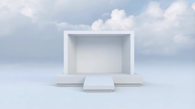 Minimalist white stage with a backdrop of clouds, ideal for presentations and creative displays. Represents modern design and versatility in event settings