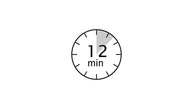 12 minutes counting timer number illustration. Stopwatch timer clock icon on white background.