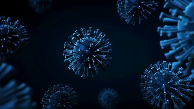 Abstract 3D representation of virus particles in a dark environment. Visualizing pathogens for educational and health-related content