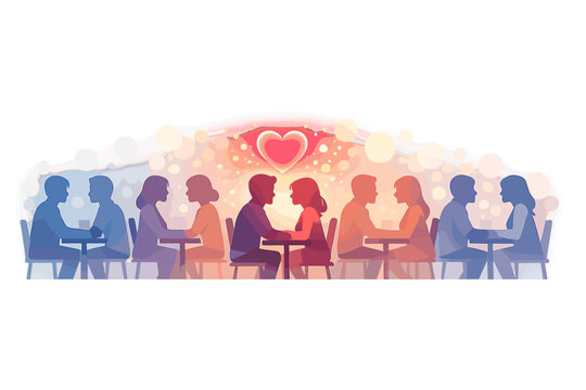 Heartfelt Connection Silhouettes. Speed dating concept with multiple profile silhouettes in a row and a glowing focus heart above