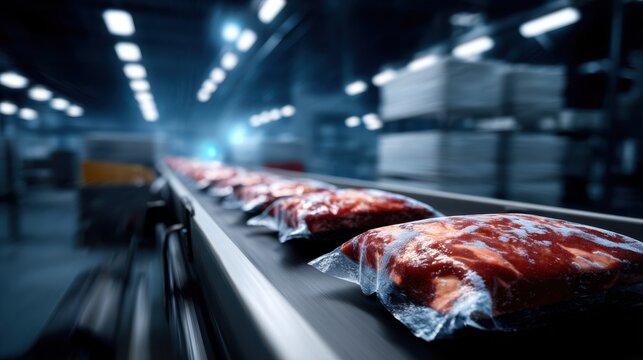 Vacuum-sealed frozen food packs on conveyor belt in industrial cold storage, frost visible on plastic packaging, blurred racks in background.