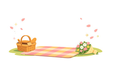 Fototapeta premium Modern Spring Picnic. Spring picnic setup with blanket, basket, and flower bouquet as simple shapes, floating petal sparkles and