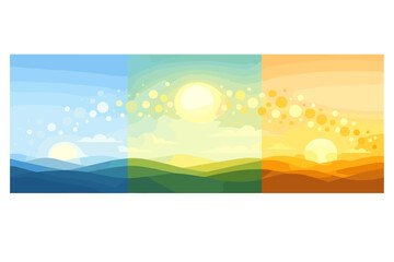 Obraz premium Seasonal Transition Journey. Sun arc traveling across a wide horizon from crisp cool morning to warm golden afternoon, bokeh