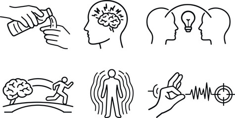 Action Understanding Icons. Line style vector icons of action understanding via mirroring: seen hand act, corresponding neural