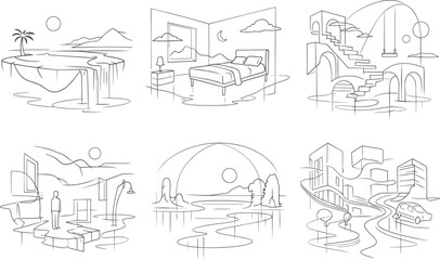 Obraz premium Surreal Vector Landscape. Line style vector icons of world-feeling-unreal experience: hollow landscape, muted shapes, floating