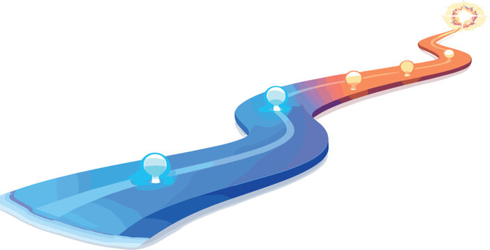 Visionary Road to Success. Horizon roadmap ribbon stretching into the distance with glowing milestone nodes and a bright star