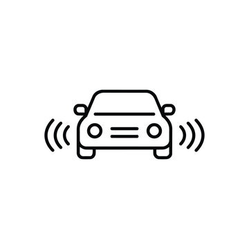 Black and white vector icon of car parking sensor system with front view vehicle and radar waves for smart parking and driver assistance