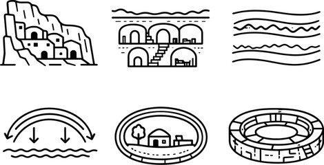 Cliffside and Underground Homes. Line style vector icons of cliffside and underground settlements for heat protection: carved rock