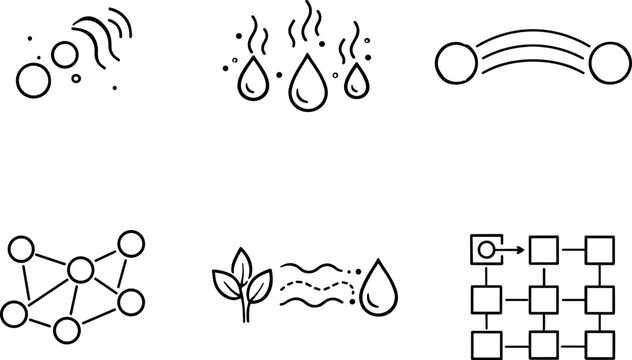 Chemical Messaging Icons. Line style vector icons of low-bandwidth chemical messaging: minimal-signal particle set, encoded scent