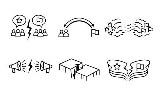 Ideological Polarization Icons. Line style vector icons of ideological polarization in news: divided audience nodes, left&ndash;right