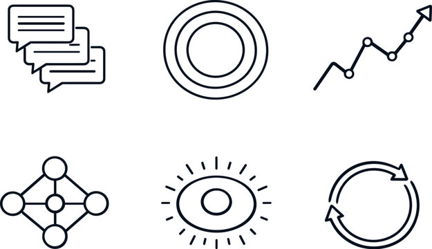 Repetition Concept Icons. Line style vector icons of repetition-driven plausibility: multiplied message blocks, echo-contour ring,