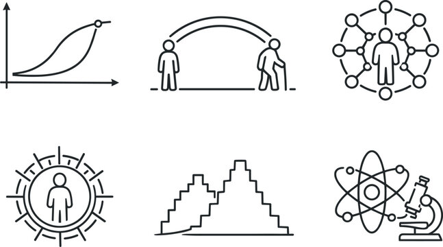 Longevity Icon Set. Line style vector icons of life extension to 150 years: longevity curve, extended lifespan arc, aging-slowdown