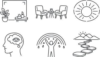 Obraz premium Therapeutic Icon Set. Line style icons of therapeutic context: supportive setting frame, guided-session chair pair, calm-light
