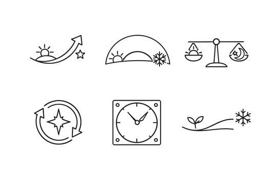 Cyclical Sky Icons. Line style icons of cyclical sky events: heliacal rising arrow, solstice marker arc, equinox balance bar,